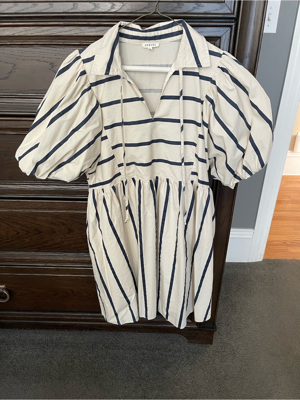 JODIFL Cream and Navy Stripe Puff-Sleeve women’s dress